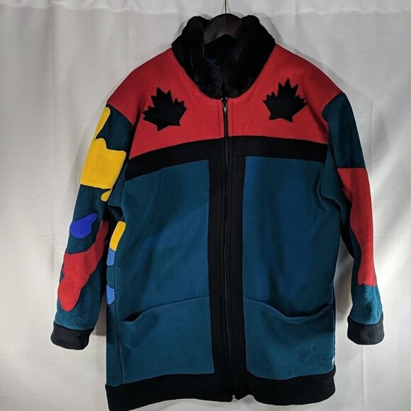 Suttles & Seawinds Canada Multicolor Colorful Map Fur Coat Jacket Women S Small - Picture 2 of 16